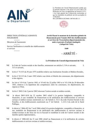Arrêté Fixant Le Montant De La Dotation Glocale De Financement Des Ets Adapei De L'ain
