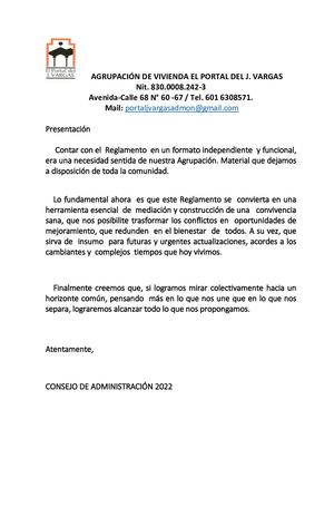 Reglamento De La Agrupación De Vivienda El Portal Del J Vargas 13 04 23
