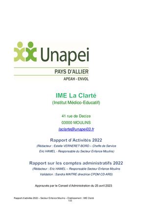 RA 2022 - Secteur Enfance Moulins - IME La Clarte