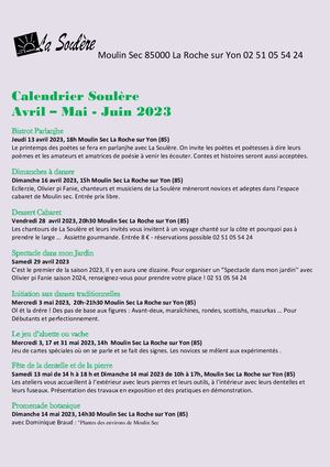 Calendrier - La Soulère - Avril/Mai/Juin 2023