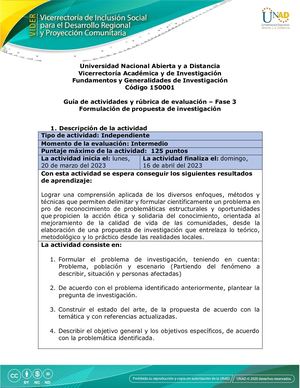 Guía De Actividades Y Rúbrica De Evaluación Unidad 2 Fase 3 Formulación De La Propuesta De Investigación