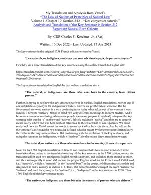 My Translation and Analysis of a Key Sentence in Emer de Vattel’s 1758 Treatise on Natural Law in Section 212 -“Des citoyens et naturels”