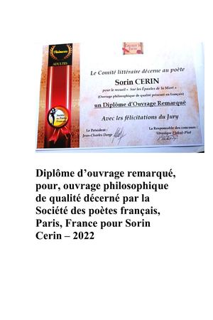 Diplômes D’ Ouvrages Remarqués Par La Société Des Poètes Français Pour Sorin Cerin  - 2022