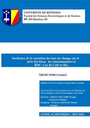 TFC NDEME NIMBA COCHARD: Incidence  de la variation du taux de change sur le prix des biens de consommation en RDC. Cas de Café et Riz