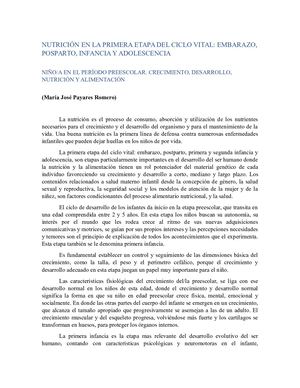 NUTRICIÓN EN LA PRIMERA ETAPA DEL CICLO VITAL: EMBARAZO, POSPARTO, INFANCIA Y ADOLESCENCIA