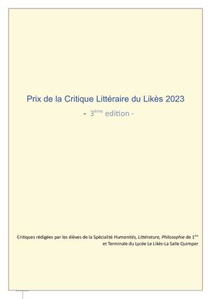 Prix De La Critique Littéraire Du Likès 2023 Livre