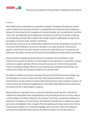 Calaméo - El Discurso De Posesión De Gustavo Petro El Desbloqueo Del ...