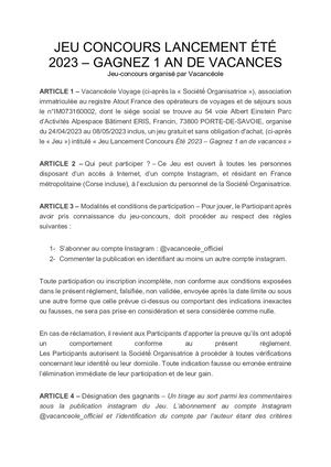 Règlement : 1 an de Vacances à gagner !