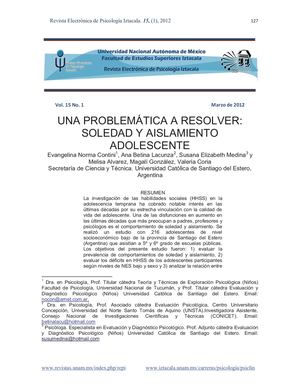 UNA PROBLEMÁTICA A RESOLVER: SOLEDAD Y AISLAMIENTO ADOLESCENTE