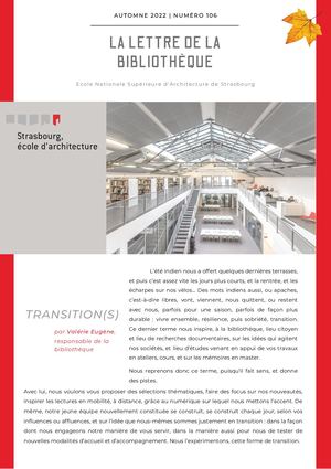 Lettre De La Bibliothèque n°106 - Transition(s) Automne 2022