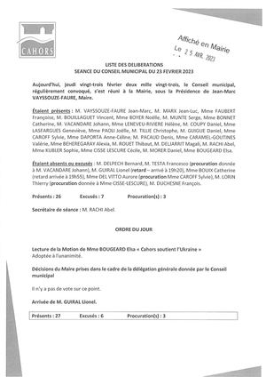 Consulter la séance du Conseil municipal de la Ville de Cahors du 23 02 2023