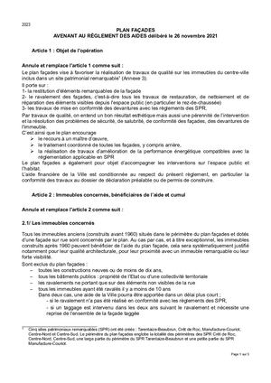 Avenant règlement Plan Façades 2023