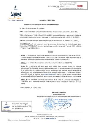 2022-260 - CULT - Portant sur la signature d'un contrat cession avec Famevents pour le spectacle "Un burnout presque parfait"