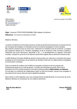 Demande D'ouverture Titre Professionnel Bim - GRETA Lille Métropole et le lycée Jean Prouvé
