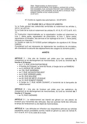 23 Ap 0073 Arrête De Réglementation Du Stationnement Rue Leon Dupontrue Rue Rameau Avenue De La Paix Rue Sagebien Rue Jacques Prevert Rie Berrier Lebel Rue Morliere Rue Cagnard Et Autres à Amiens