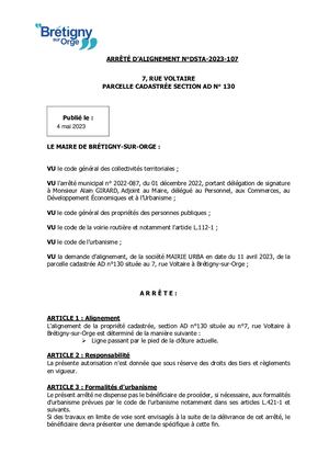 DSTA 2023 107 Arrêté D'alignement 7, Rue Voltaire