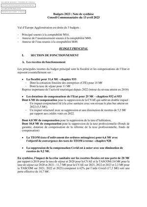 Budgets 2023 - Note de Synthèse
