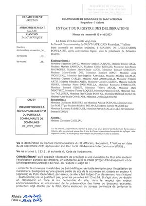 2023 04 12 DE 2023 0032 PRESCRIPTION DE LA REVISION ALLEGEE N°11 DU PLUI DE LA COMMUNAUTE DE COMMUNES