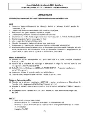 Conseil d’Administration du CCAS de Cahors du mardi 18 Octobre 2022