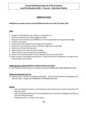 Conseil d’Administration du CCAS de Cahors du jeudi 15 écembre 2022
