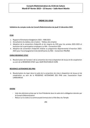 Conseil d’Administration du CCAS de Cahors du mardi 07 février 2023