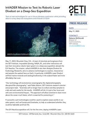 InVADER Mission to Test its Robotic Laser Divebot on a Deep-Sea Expedition