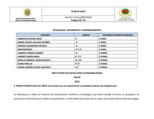 Plan De Area Tecnología, Informática Y Emprendimiento 2023