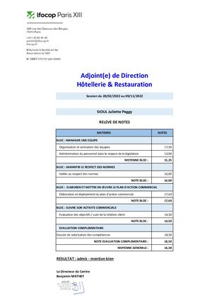 Relevé de notes de ma formation Adjoint(e) de Direction Hôtellerie & Restauration
