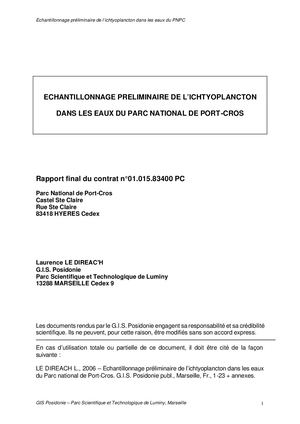 Echantillonnage préliminaire de l'ichtyoplancton dans les eaux du Parc national de Port-Cros