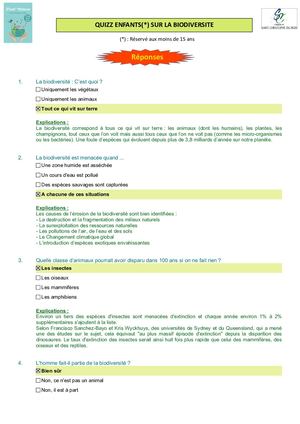 Quizz Biodiversité Enfants Réponses