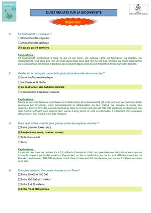 Quizz Biodiversité Adultes Réponses