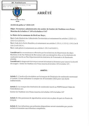 229 Fermeture Administrative Du Sentier De L Authion Vers Pezza Maurina De La Balise N°149 à La Balise N°147