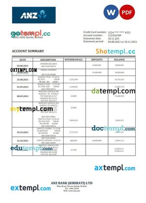 Kiribati ANZ bank statement template in Word and PDF format