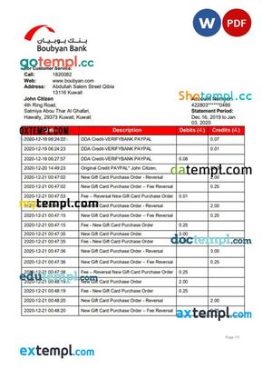 Kuwait Boubyan bank proof of address statement template in Word and PDF format