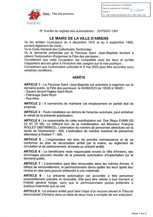 Ar1 2023 00610 Arrête D'organisation Sur Le Domaine Public Une Fête Des Paroisses Square Devant L'eglise Saint Roch Patronage Saint Roch Et Rue Allou à Amiens Le 04 06 2023