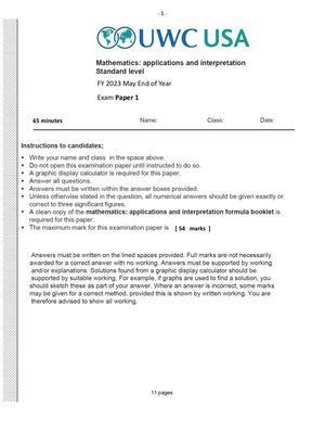 Math Ai Sl Y1 End Of Semester May 2023 Exam Paper 1 Markscheme