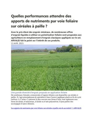 Quelles Performances Attendre Des Apports De Nutriments Par Voie Foliaire Sur Céréales à Paille