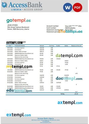 Liberia Access Bank statement template in Word and PDF format