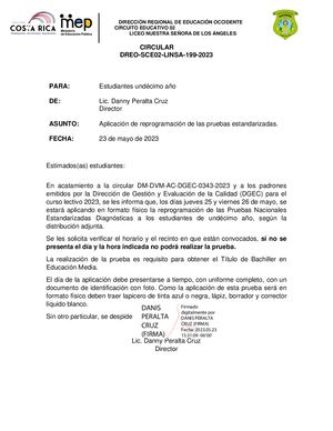 Circular 199 Convocatoria Reprogramación Prueba Nacional Estandarizada