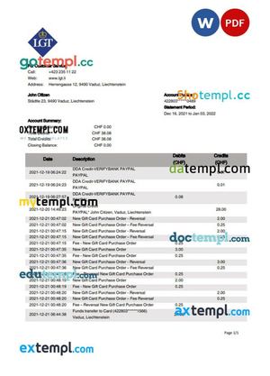 Liechtenstein LGT bank statement template in Word and PDF format