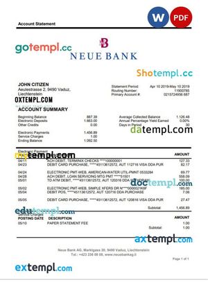 Liechtenstein Neue Bank AG proof of address statement template in Word and PDF format