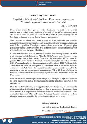 COMMUNIQUÉ DE PRESSE - Mélanie DISDIER - Liquidation judiciaire Sainthimat