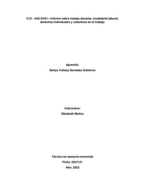 Informe Sobre Trabajo Decente, Ciudadanía Laboral, Derechos Individuales Y Colectivos En El Trabajo