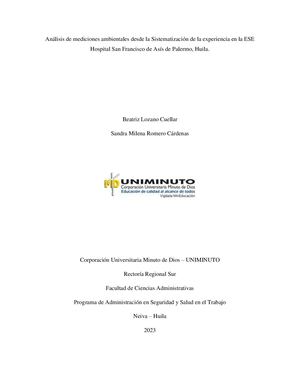 Análisis de mediciones ambientales desde la Sistematización de laexperiencia en la ESE Hospital San Francisco de Asís de Palermo, Huila.