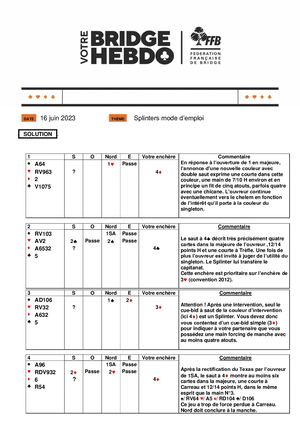 68. Solution Votre Bridge Hebdo Avancé 16 06 2023