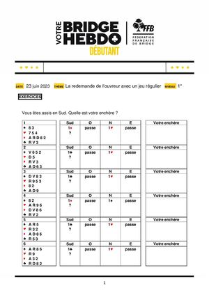 69. Exercice Votre Bridge Hebdo Débutant 23 06 2023