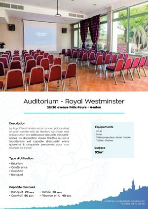 Fiche technique : Auditorium (Royal Westminster) - Espace Congrès (Menton)