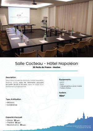 Fiche technique : Salle Cocteau (Hôtel Napoléon) - Espace Congrès (Menton)