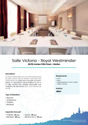 Fiche technique : Salle Victoria (ROYAL WESTMINSTER) - Espace Congrès (Menton)