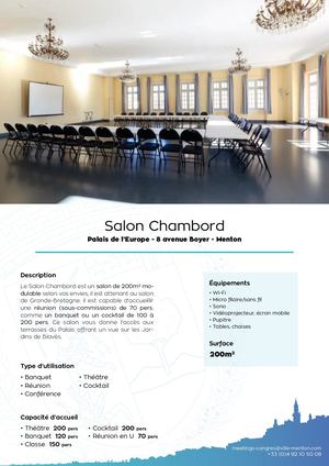 Fiche technique : Salon Chambord - Espace Congrès (Menton)